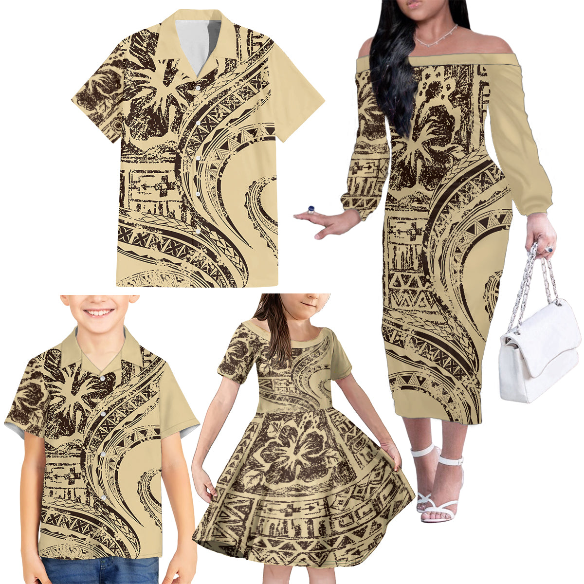 Hawaiian Hibiscus Tribal Vintage Motif Family Matching Off The Shoulder Long Sleeve Dress and Hawaiian Shirt Ver 3 LT9 - Polynesian Pride