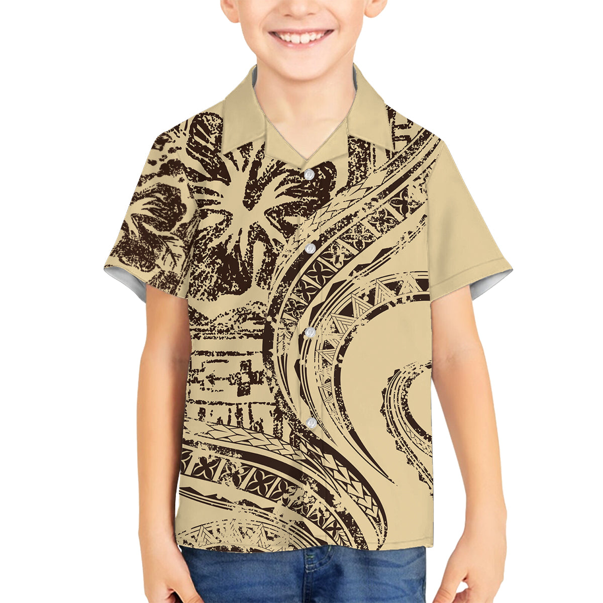 Hawaiian Hibiscus Tribal Vintage Motif Family Matching Off The Shoulder Long Sleeve Dress and Hawaiian Shirt Ver 3