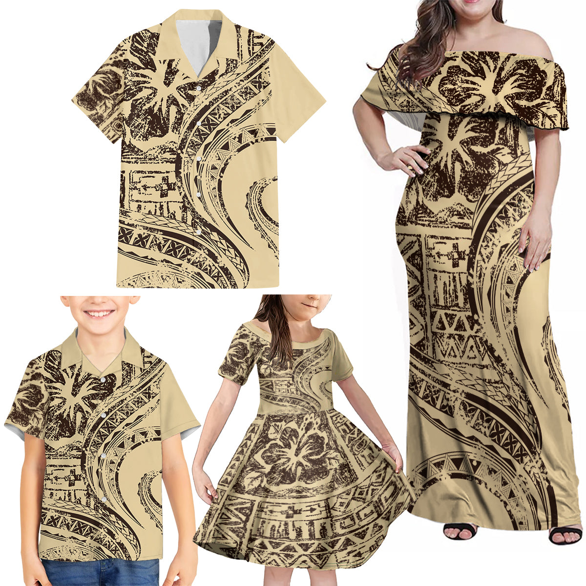 Hawaiian Hibiscus Tribal Vintage Motif Family Matching Off Shoulder Maxi Dress and Hawaiian Shirt Ver 3