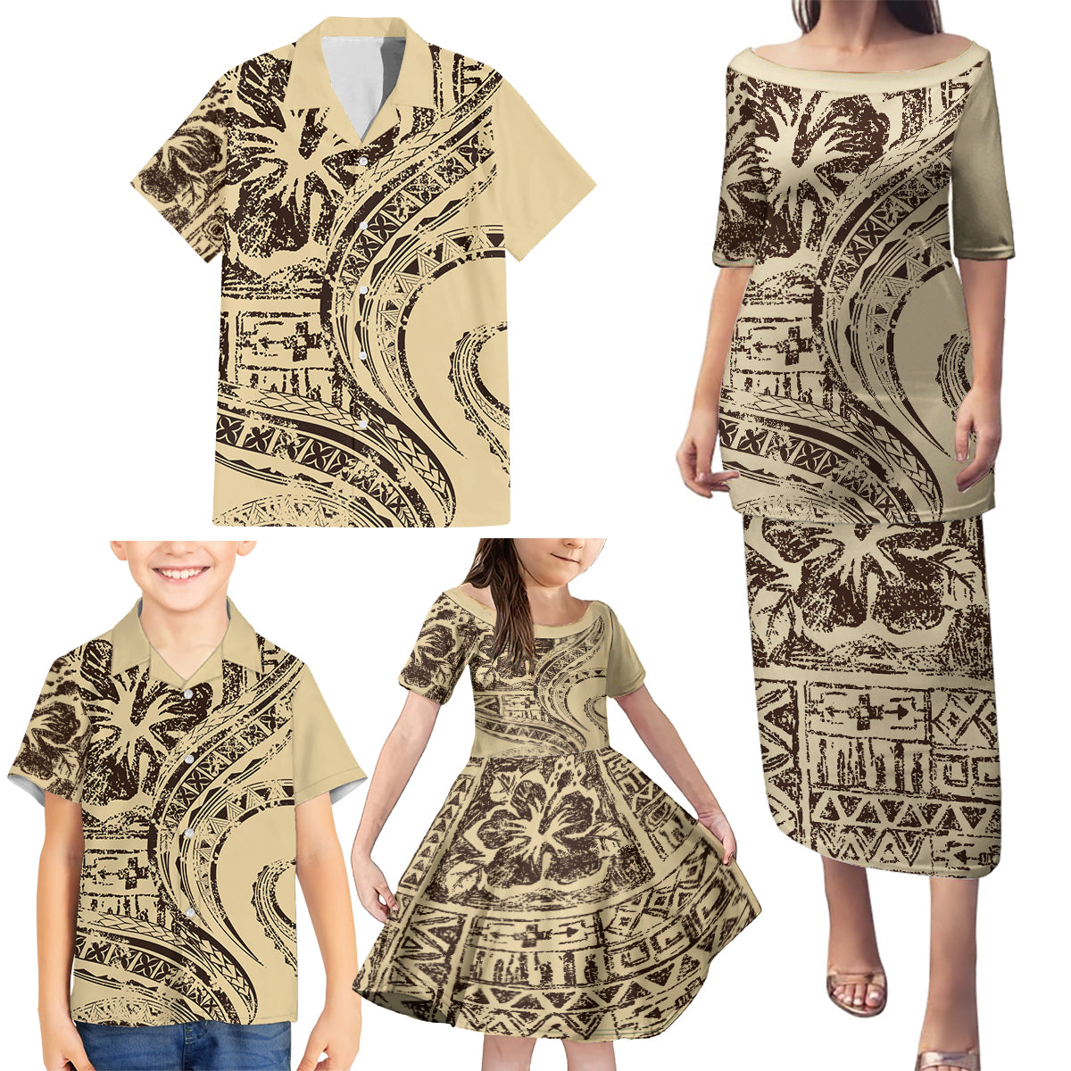 Hawaiian Hibiscus Tribal Vintage Motif Family Matching Puletasi and Hawaiian Shirt Ver 3