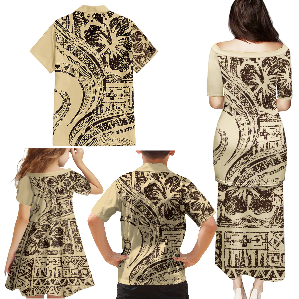 Hawaiian Hibiscus Tribal Vintage Motif Family Matching Puletasi and Hawaiian Shirt Ver 3