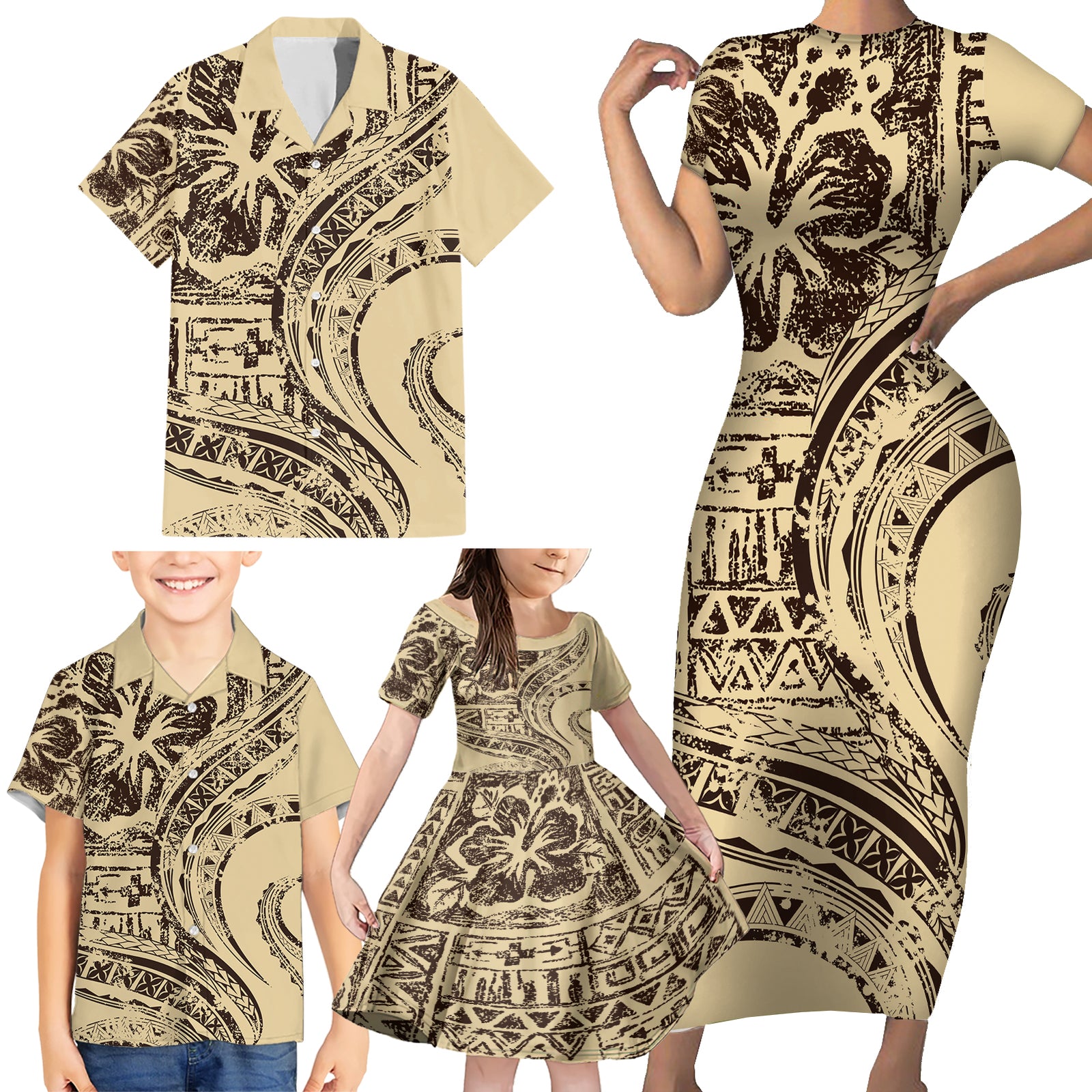 Hawaiian Hibiscus Tribal Vintage Motif Family Matching Short Sleeve Bodycon Dress and Hawaiian Shirt Ver 3 LT9 - Polynesian Pride