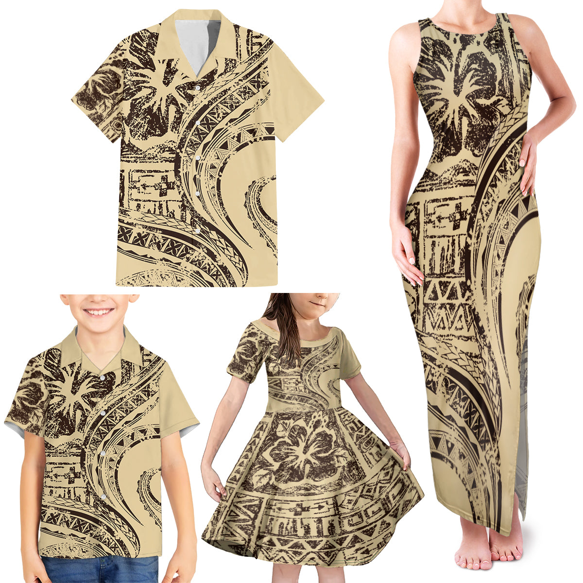 Hawaiian Hibiscus Tribal Vintage Motif Family Matching Tank Maxi Dress and Hawaiian Shirt Ver 3 LT9 - Polynesian Pride