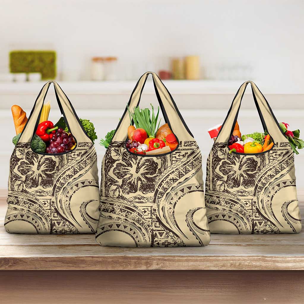 Hawaiian Hibiscus Tribal Vintage Motif Grocery Bag Ver 3 LT9 3-pack One Size Beige - Polynesian Pride