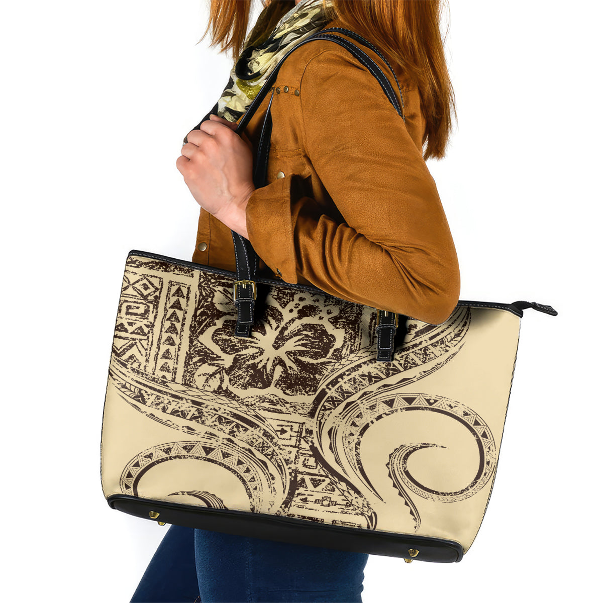 Hawaiian Hibiscus Tribal Vintage Motif Leather Tote Bag Ver 3 LT9 Beige - Polynesian Pride