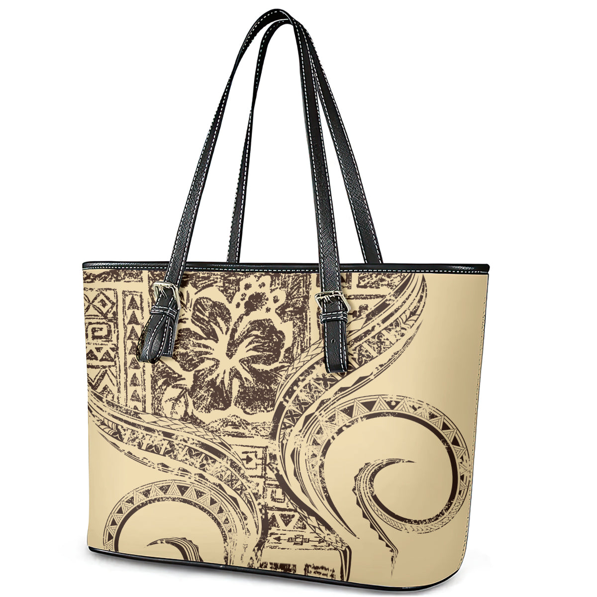 Hawaiian Hibiscus Tribal Vintage Motif Leather Tote Bag Ver 3 LT9 - Polynesian Pride