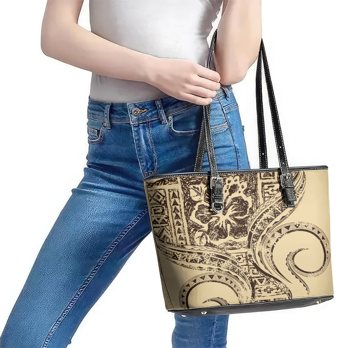 Hawaiian Hibiscus Tribal Vintage Motif Leather Tote Bag Ver 3 LT9 - Polynesian Pride