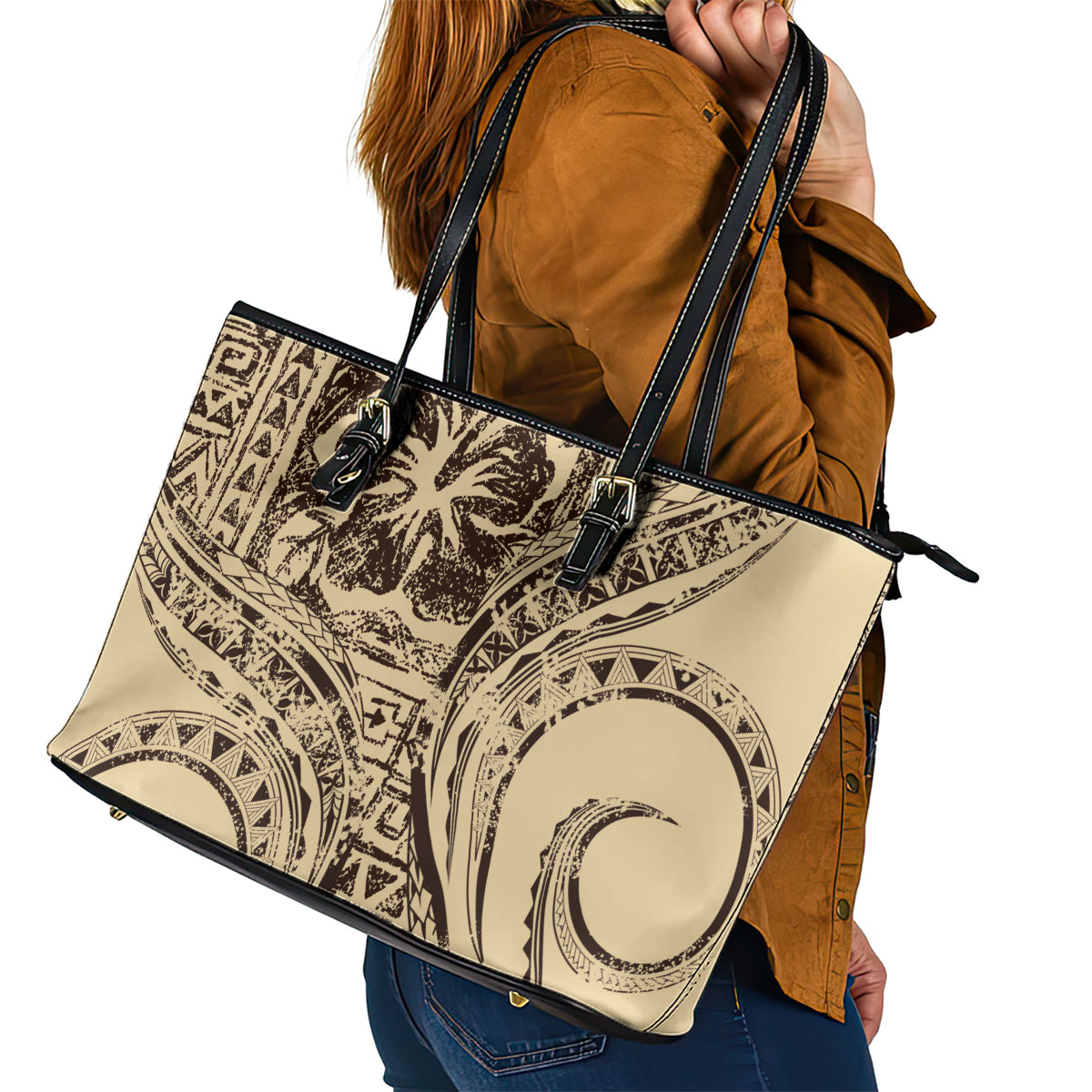 Hawaiian Hibiscus Tribal Vintage Motif Leather Tote Bag Ver 3 LT9 - Polynesian Pride