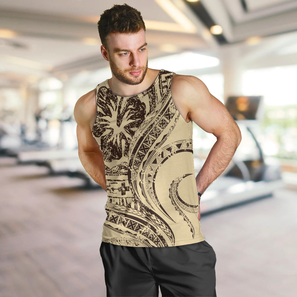 Hawaiian Hibiscus Tribal Vintage Motif Men Tank Top Ver 3 LT9 Beige - Polynesian Pride