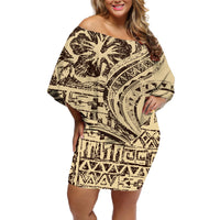 Hawaiian Hibiscus Tribal Vintage Motif Off Shoulder Short Dress Ver 3 LT9 Women Beige - Polynesian Pride