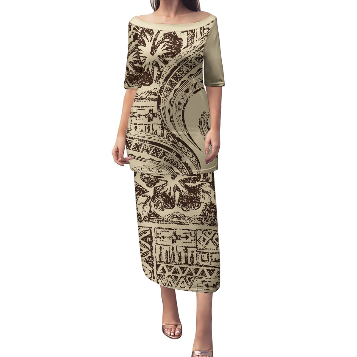 Hawaiian Hibiscus Tribal Vintage Motif Puletasi Ver 3 LT9 Long Dress Beige - Polynesian Pride