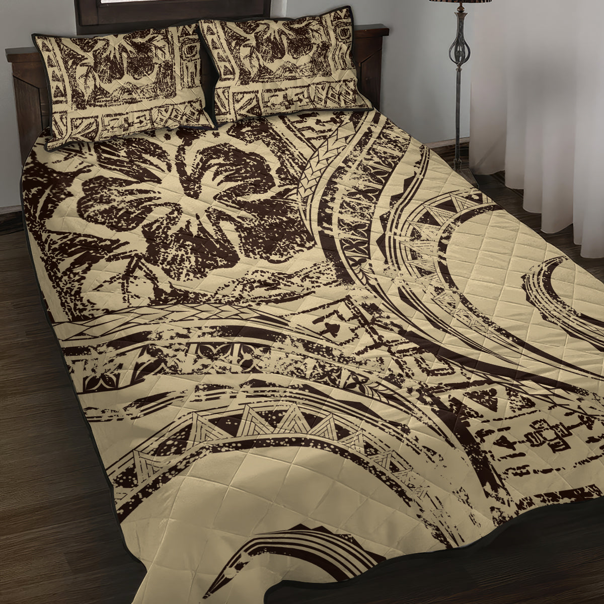 Hawaiian Hibiscus Tribal Vintage Motif Quilt Bed Set Ver 3 LT9 Beige - Polynesian Pride