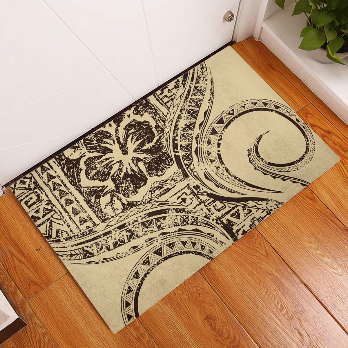 Hawaiian Hibiscus Tribal Vintage Motif Rubber Doormat Ver 3 LT9 Beige - Polynesian Pride