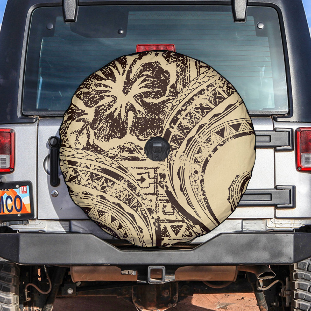 Hawaiian Hibiscus Tribal Vintage Motif Spare Tire Cover Ver 3 LT9 Beige - Polynesian Pride