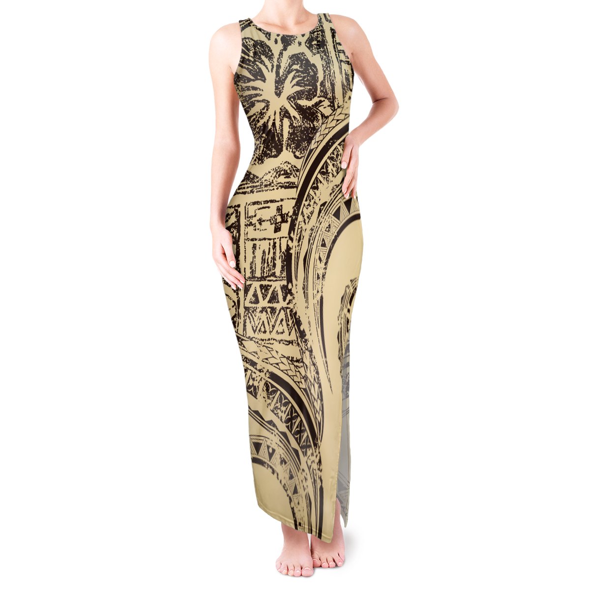 Hawaiian Hibiscus Tribal Vintage Motif Tank Maxi Dress Ver 3 LT9 Women Beige - Polynesian Pride