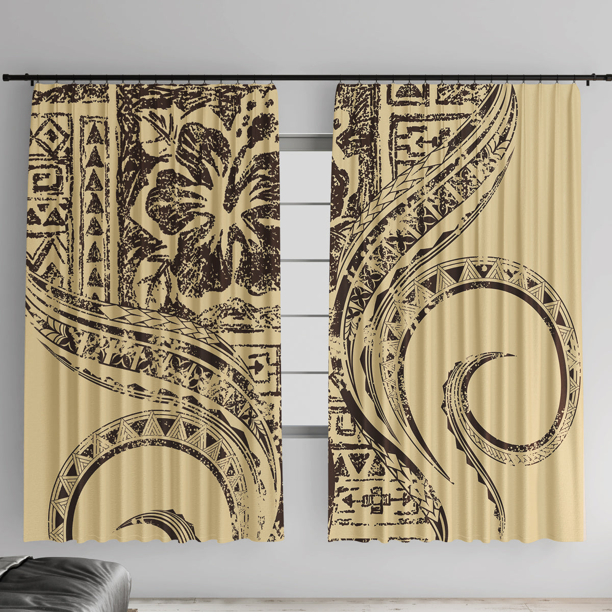 Hawaiian Hibiscus Tribal Vintage Motif Window Curtain Ver 3 LT9 With Hooks Beige - Polynesian Pride