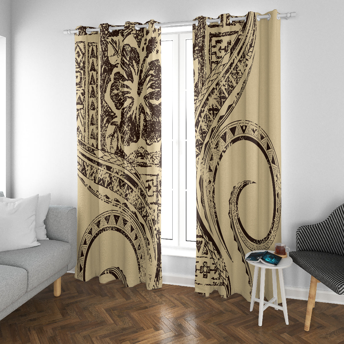 Hawaiian Hibiscus Tribal Vintage Motif Window Curtain Ver 3 LT9 With Grommets Beige - Polynesian Pride