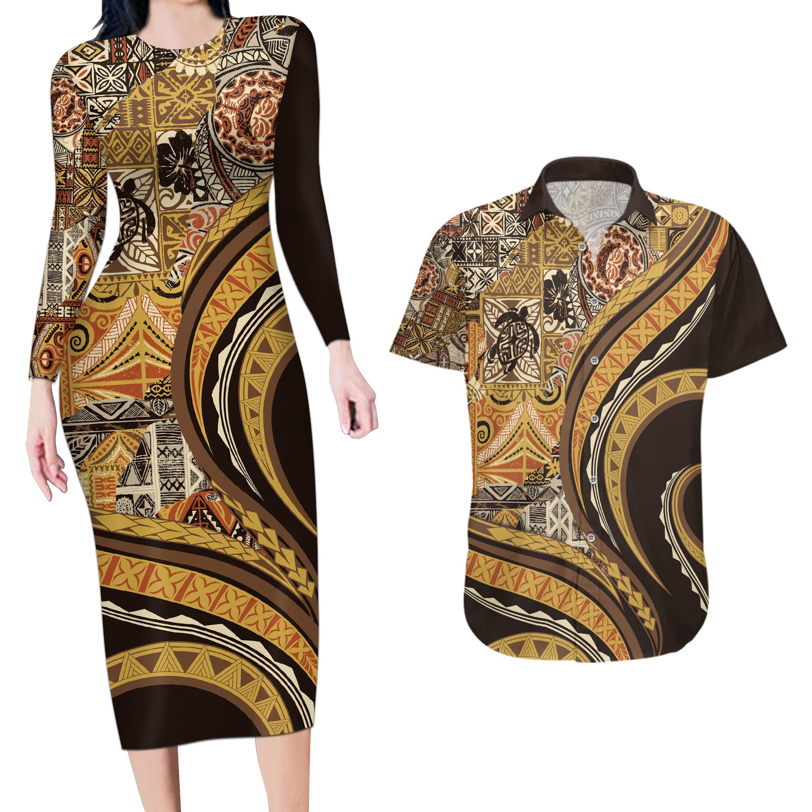 Hawaiian Hibiscus Tribal Vintage Motif Couples Matching Long Sleeve Bodycon Dress and Hawaiian Shirt Ver 4 LT9 Gold - Polynesian Pride