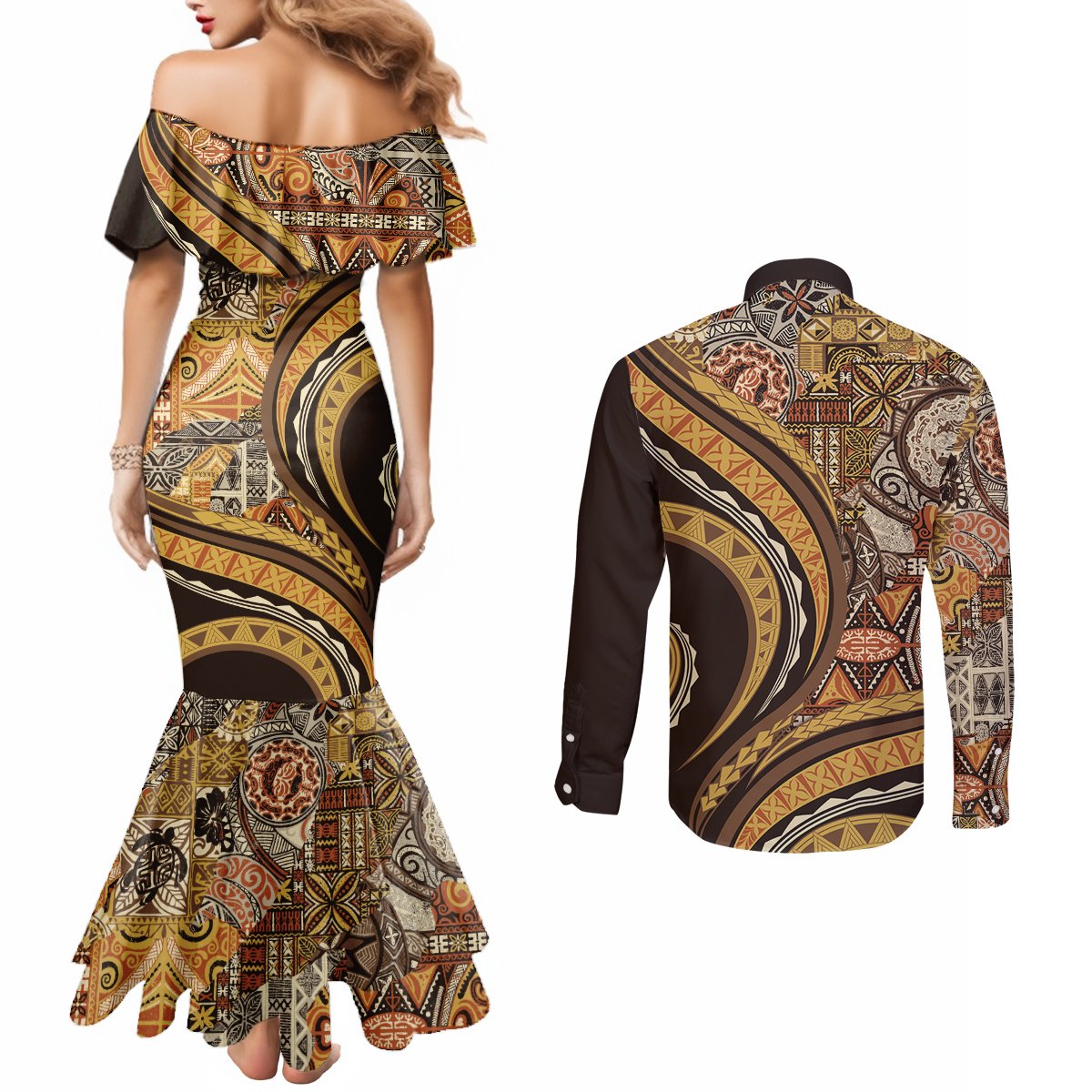 Hawaiian Hibiscus Tribal Vintage Motif Couples Matching Mermaid Dress and Long Sleeve Button Shirt Ver 4