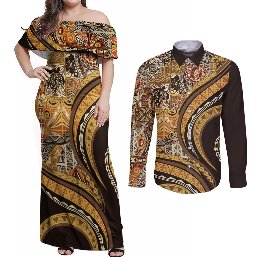 Hawaiian Hibiscus Tribal Vintage Motif Couples Matching Off Shoulder Maxi Dress and Long Sleeve Button Shirt Ver 4 LT9 Gold - Polynesian Pride