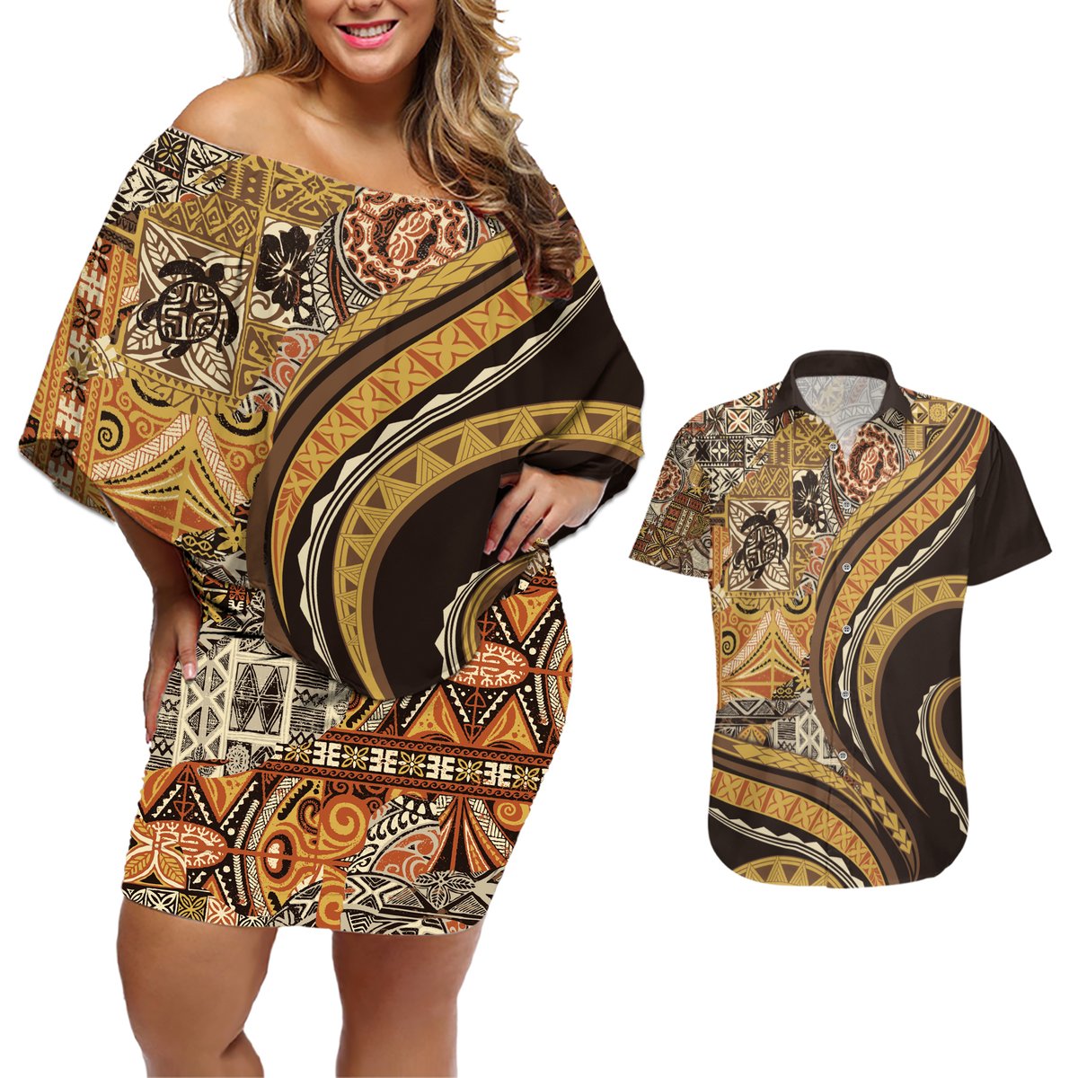 Hawaiian Hibiscus Tribal Vintage Motif Couples Matching Off Shoulder Short Dress and Hawaiian Shirt Ver 4 LT9 Gold - Polynesian Pride