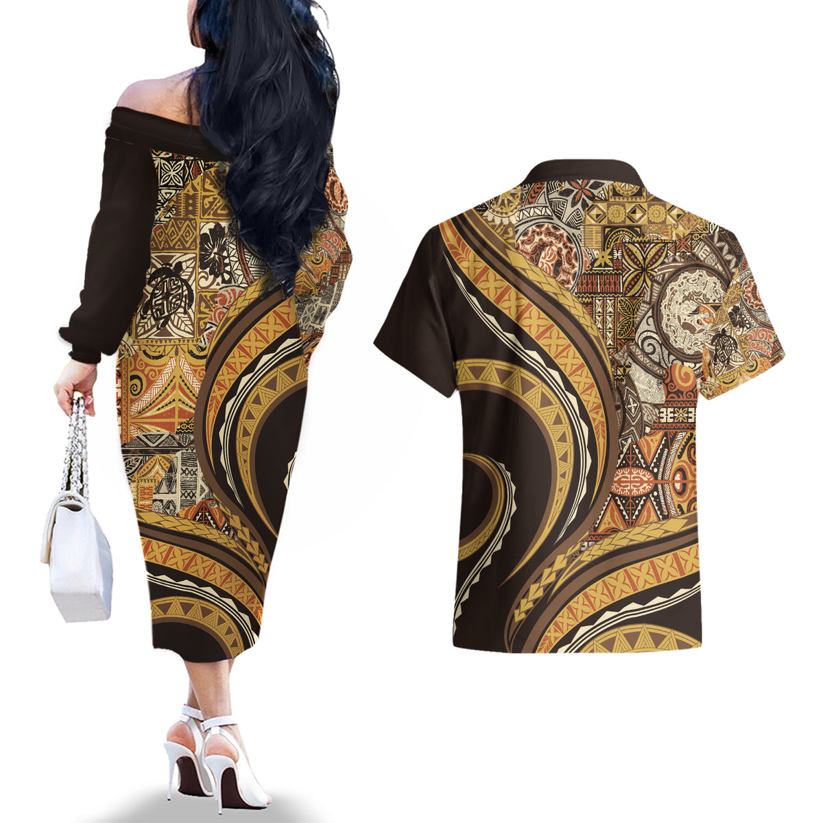 Hawaiian Hibiscus Tribal Vintage Motif Couples Matching Off The Shoulder Long Sleeve Dress and Hawaiian Shirt Ver 4