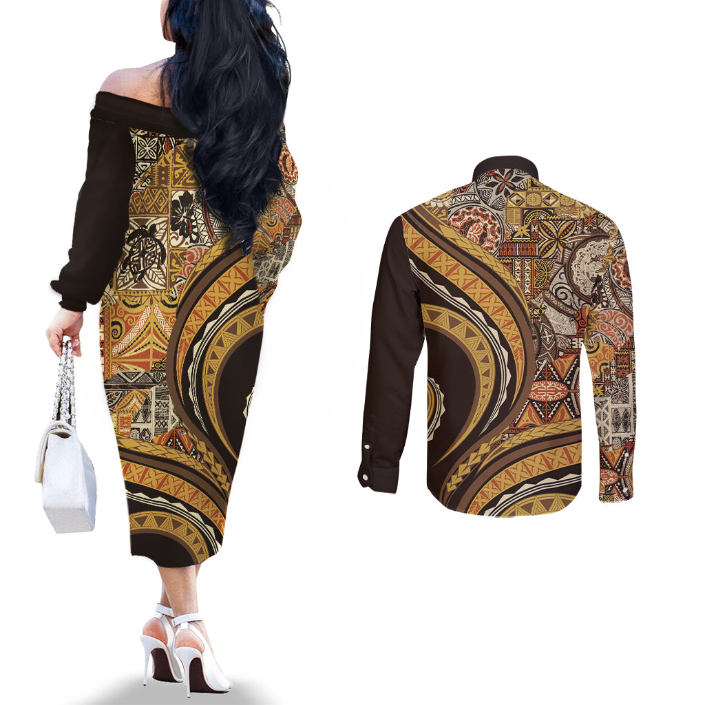 Hawaiian Hibiscus Tribal Vintage Motif Couples Matching Off The Shoulder Long Sleeve Dress and Long Sleeve Button Shirt Ver 4
