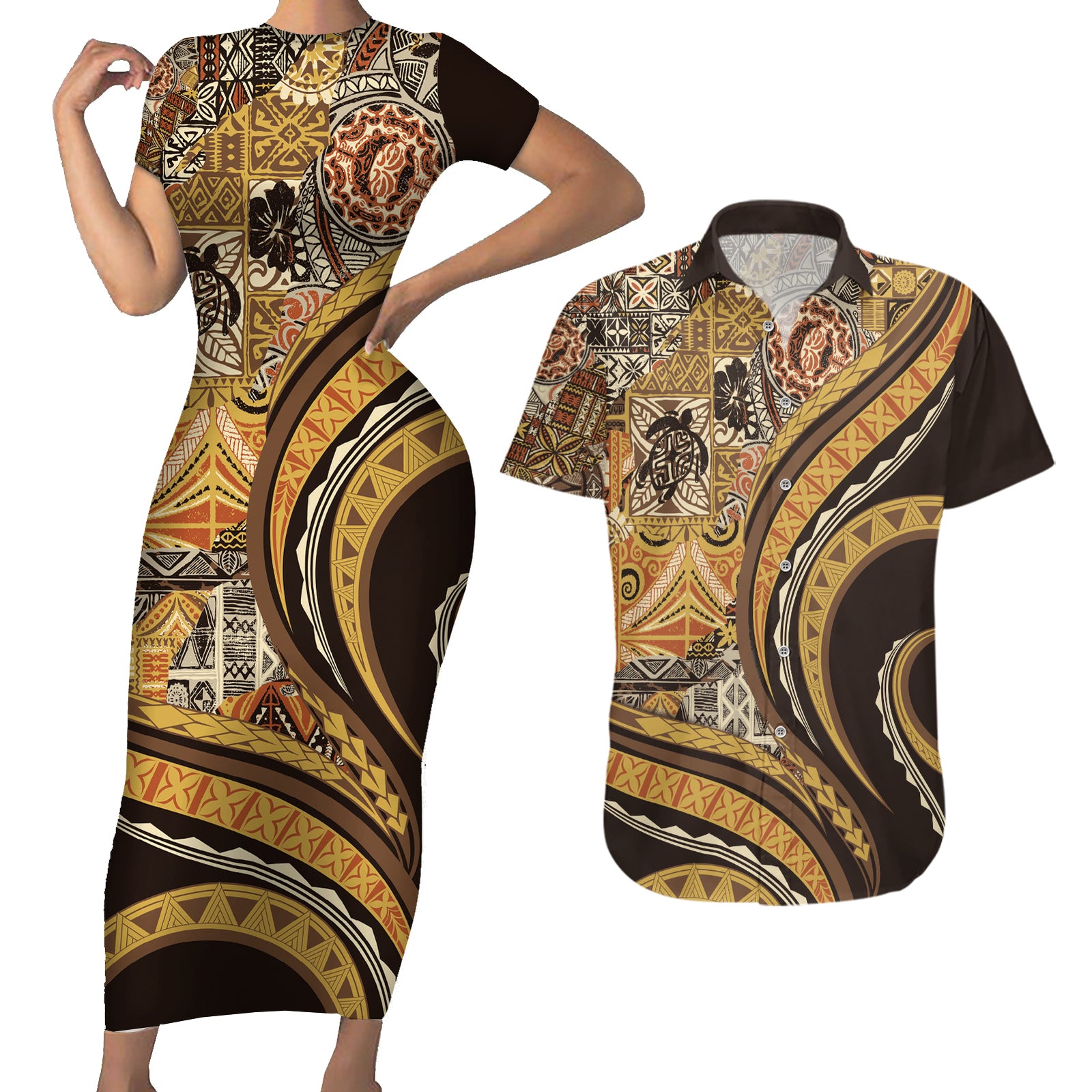 Hawaiian Hibiscus Tribal Vintage Motif Couples Matching Short Sleeve Bodycon Dress and Hawaiian Shirt Ver 4 LT9 Gold - Polynesian Pride