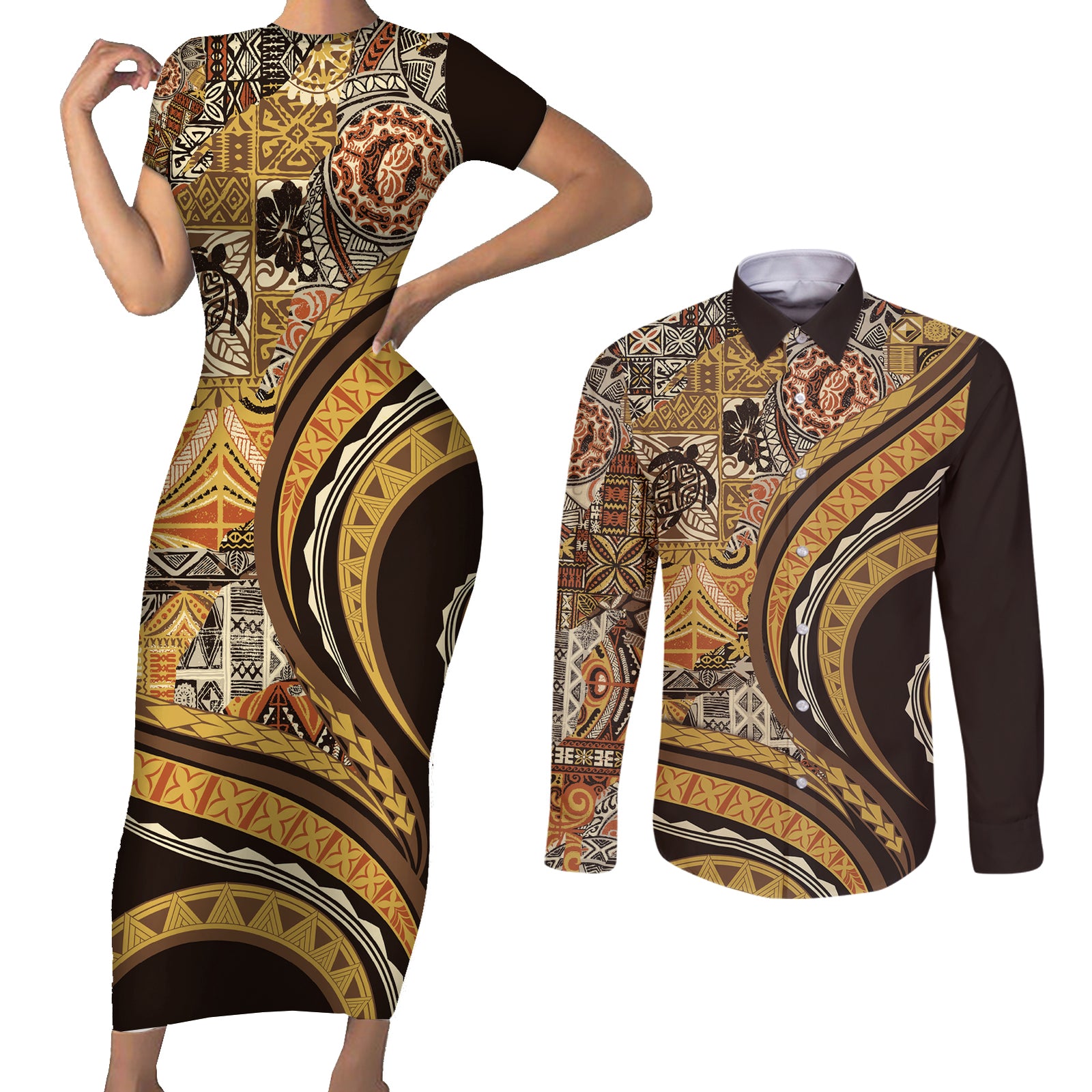 Hawaiian Hibiscus Tribal Vintage Motif Couples Matching Short Sleeve Bodycon Dress and Long Sleeve Button Shirt Ver 4 LT9 Gold - Polynesian Pride