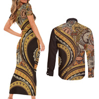 Hawaiian Hibiscus Tribal Vintage Motif Couples Matching Short Sleeve Bodycon Dress and Long Sleeve Button Shirt Ver 4