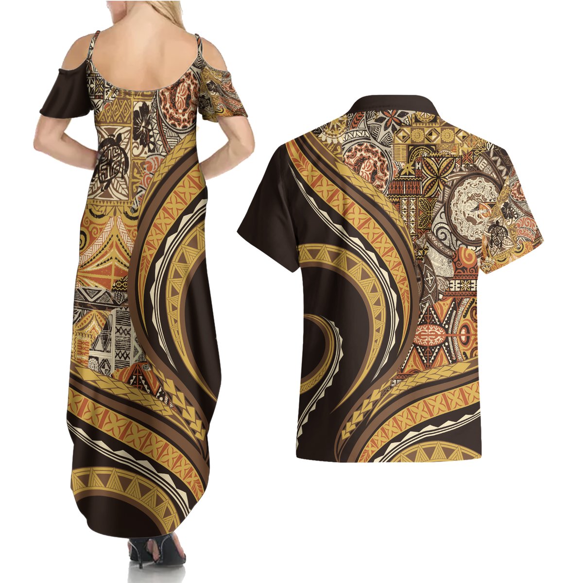 Hawaiian Hibiscus Tribal Vintage Motif Couples Matching Summer Maxi Dress and Hawaiian Shirt Ver 4