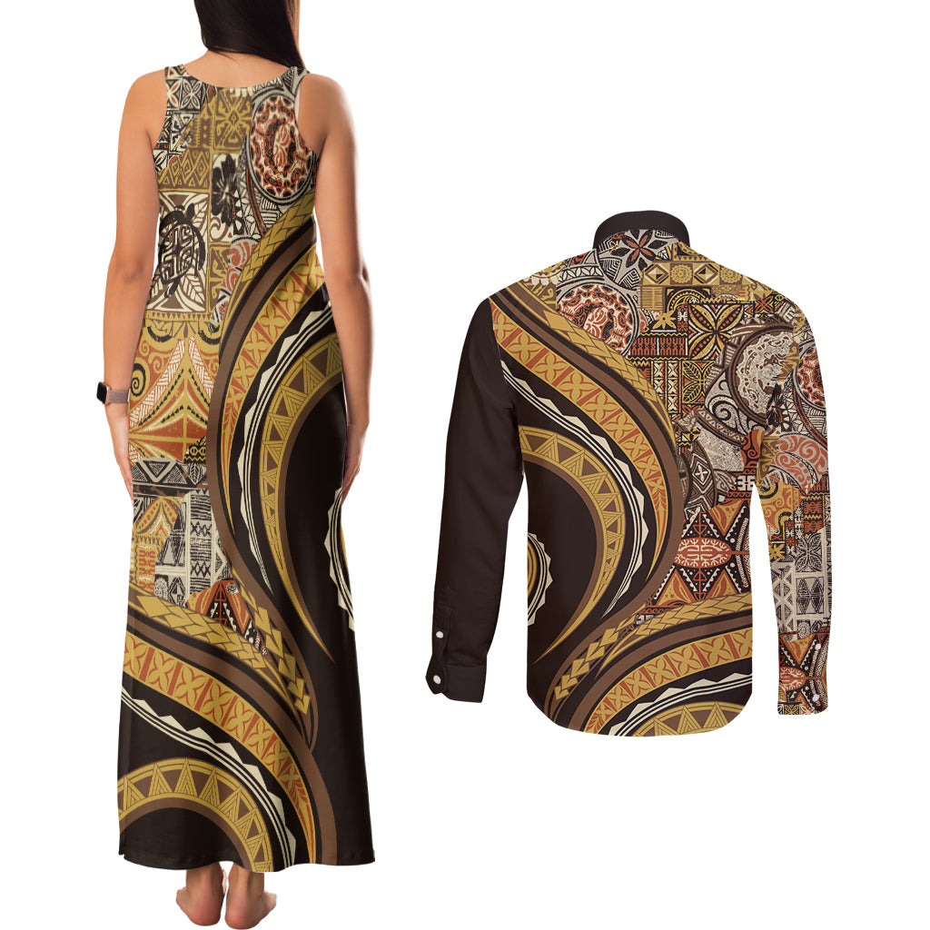 Hawaiian Hibiscus Tribal Vintage Motif Couples Matching Tank Maxi Dress and Long Sleeve Button Shirt Ver 4