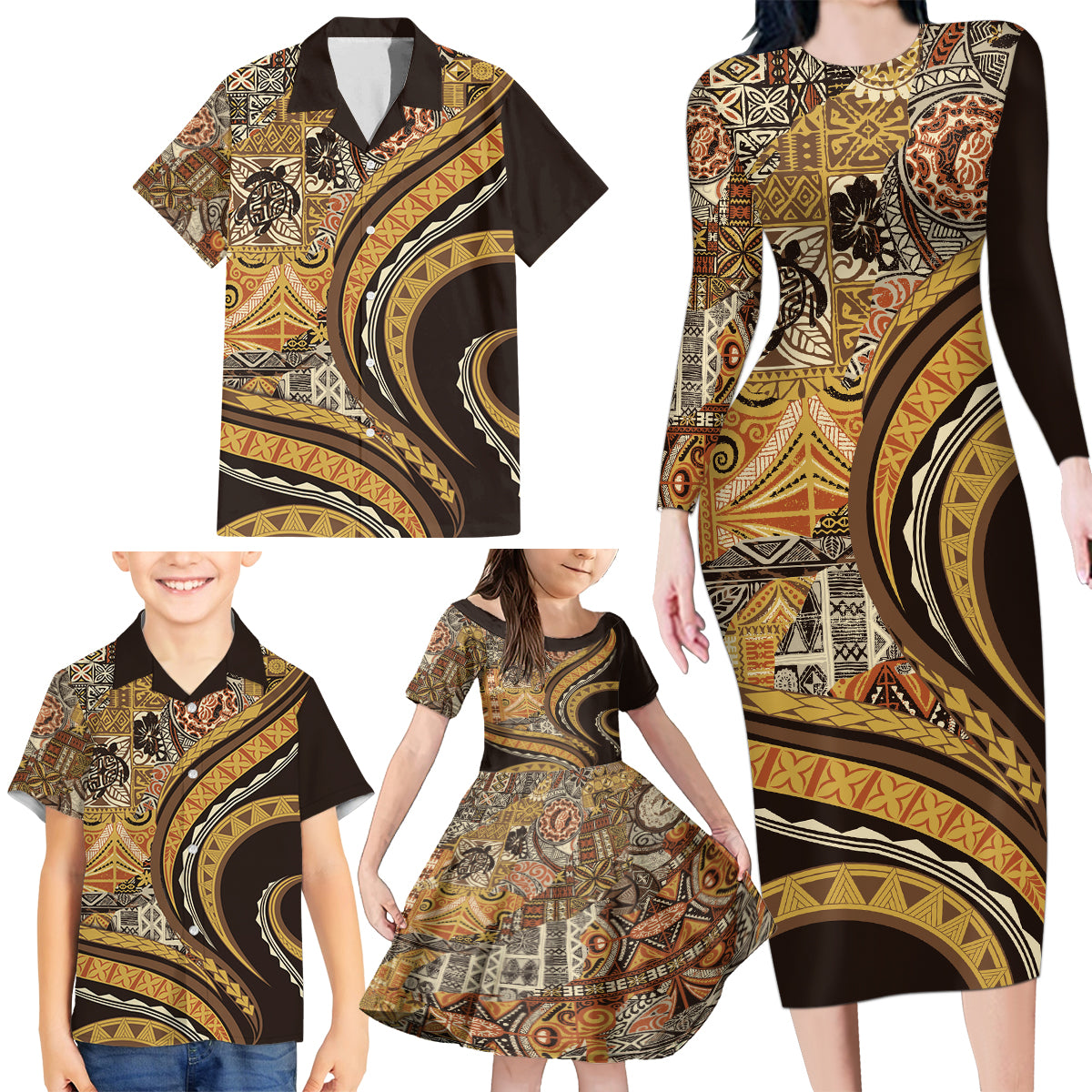 Hawaiian Hibiscus Tribal Vintage Motif Family Matching Long Sleeve Bodycon Dress and Hawaiian Shirt Ver 4 LT9 - Polynesian Pride