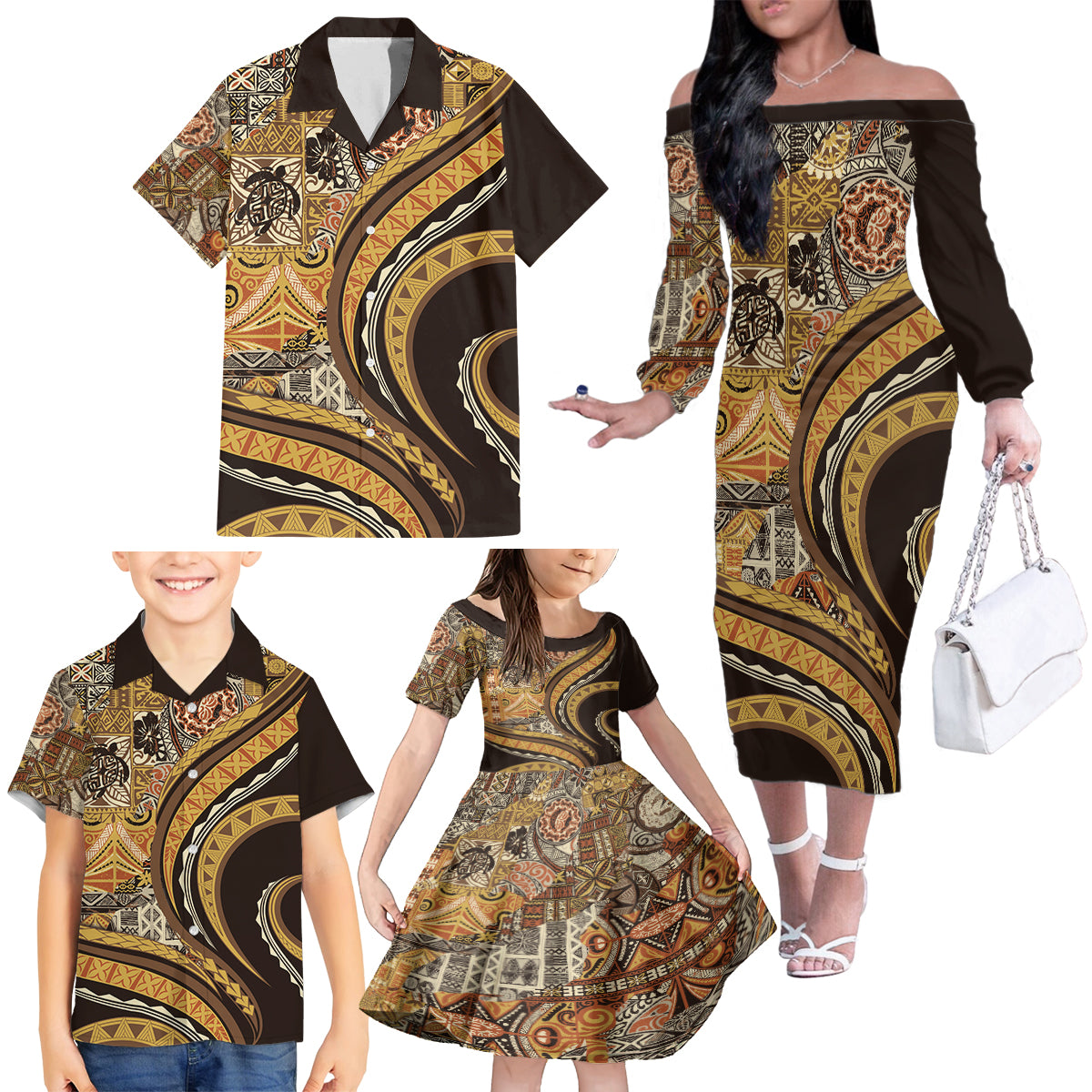 Hawaiian Hibiscus Tribal Vintage Motif Family Matching Off The Shoulder Long Sleeve Dress and Hawaiian Shirt Ver 4