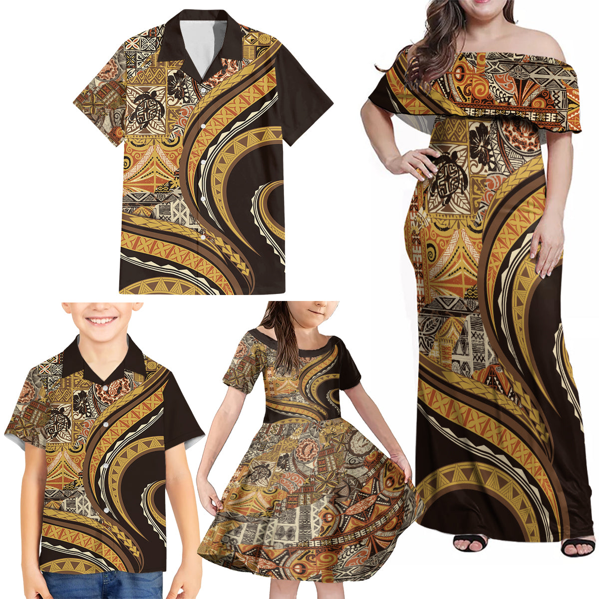 Hawaiian Hibiscus Tribal Vintage Motif Family Matching Off Shoulder Maxi Dress and Hawaiian Shirt Ver 4