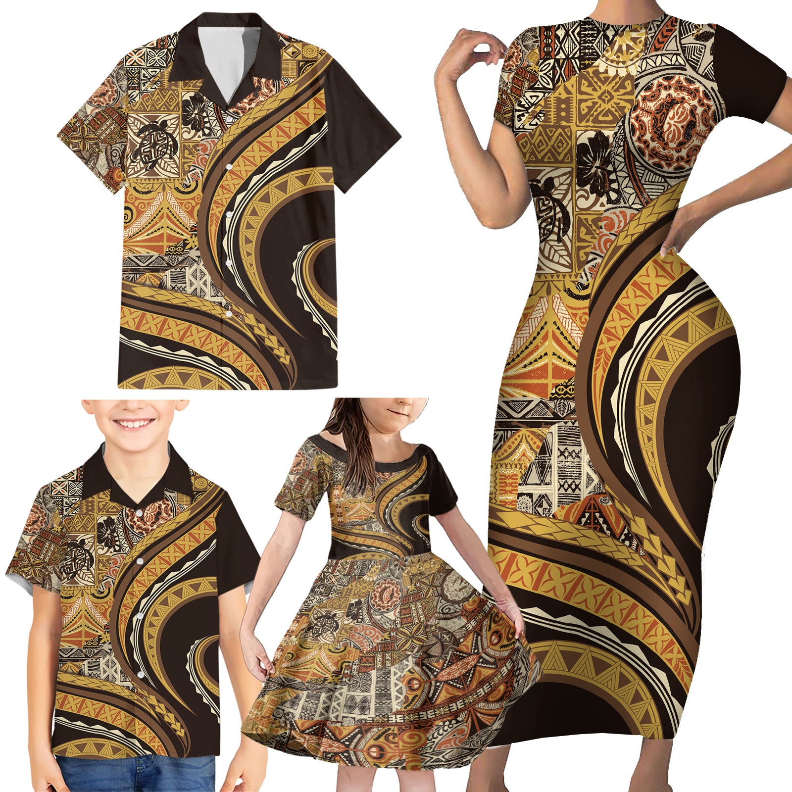 Hawaiian Hibiscus Tribal Vintage Motif Family Matching Short Sleeve Bodycon Dress and Hawaiian Shirt Ver 4 LT9 - Polynesian Pride