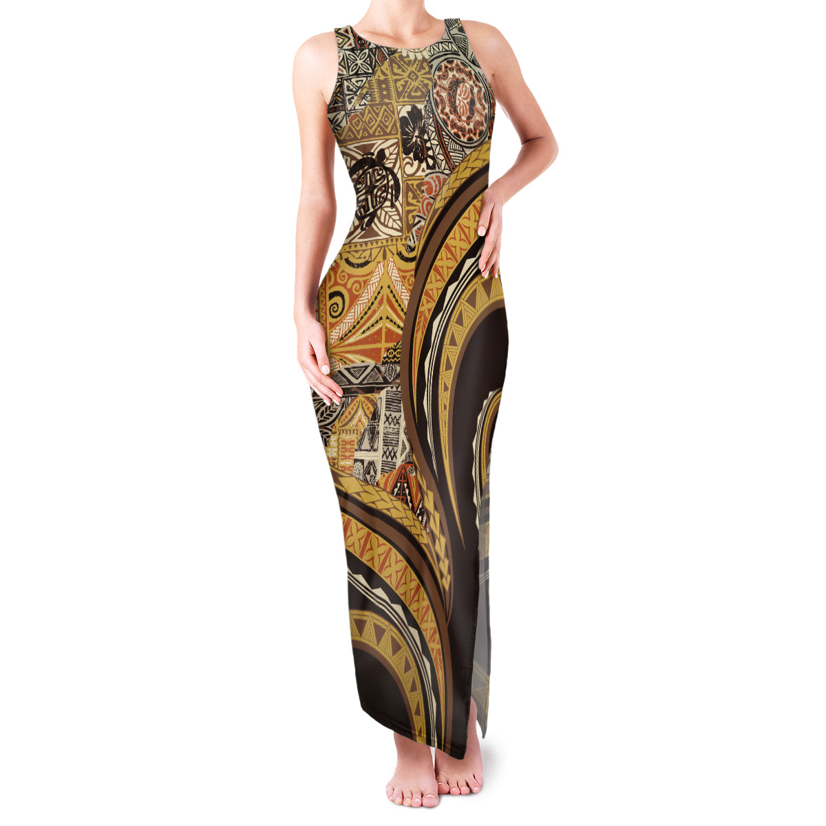 Hawaiian Hibiscus Tribal Vintage Motif Family Matching Tank Maxi Dress and Hawaiian Shirt Ver 4