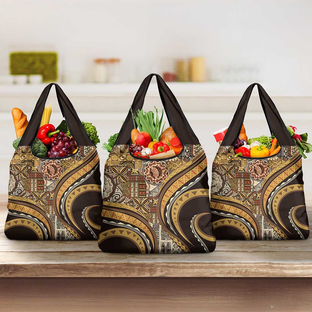 Hawaiian Hibiscus Tribal Vintage Motif Grocery Bag Ver 4 LT9 3-pack One Size Gold - Polynesian Pride