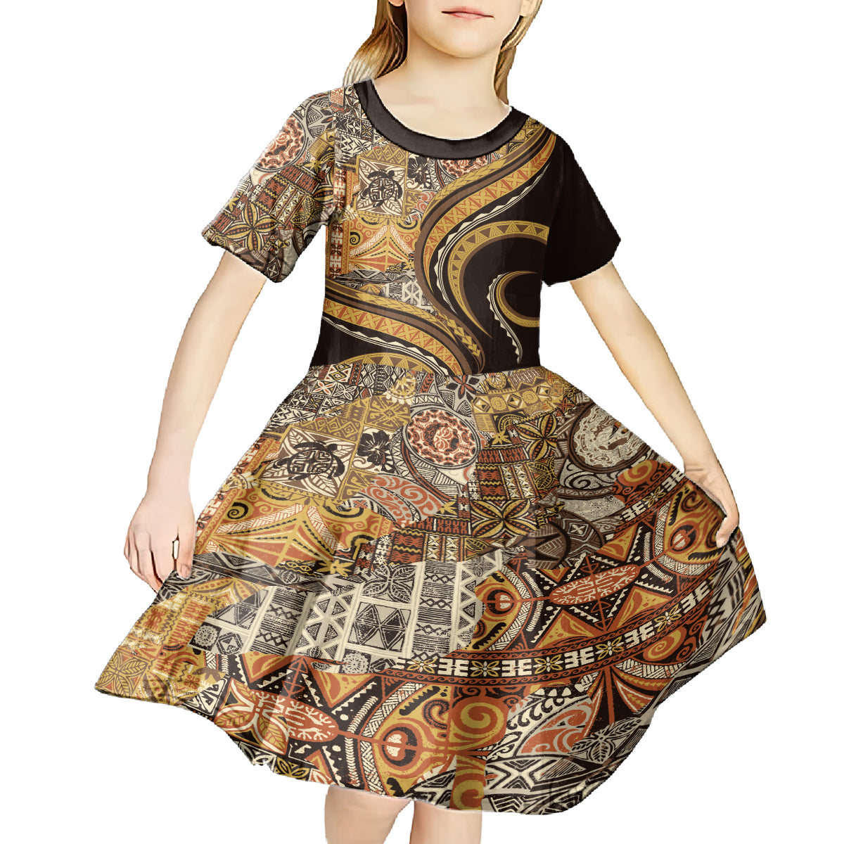 Hawaiian Hibiscus Tribal Vintage Motif Kid Short Sleeve Dress Ver 4 LT9 - Polynesian Pride