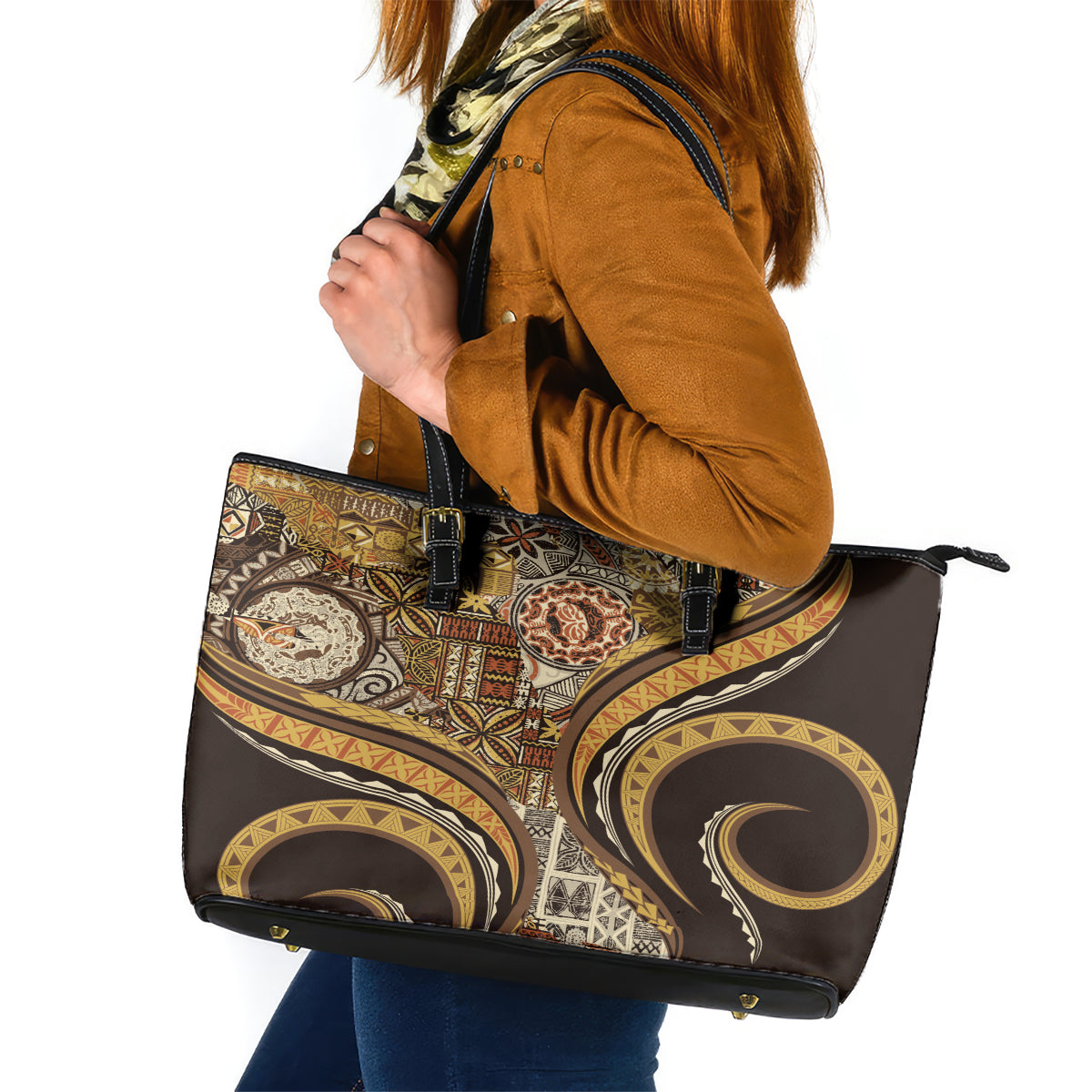 Hawaiian Hibiscus Tribal Vintage Motif Leather Tote Bag Ver 4 LT9 Gold - Polynesian Pride