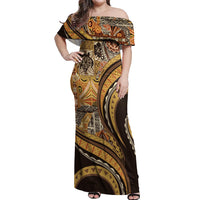 Hawaiian Hibiscus Tribal Vintage Motif Off Shoulder Maxi Dress Ver 4 LT9 Women Gold - Polynesian Pride