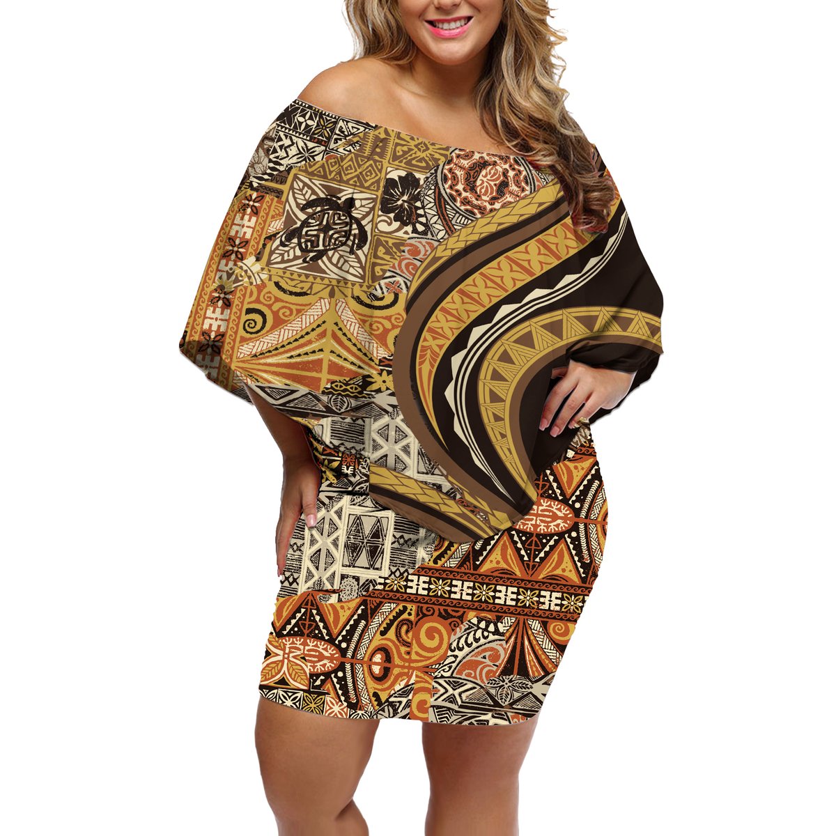 Hawaiian Hibiscus Tribal Vintage Motif Off Shoulder Short Dress Ver 4 LT9 Women Gold - Polynesian Pride
