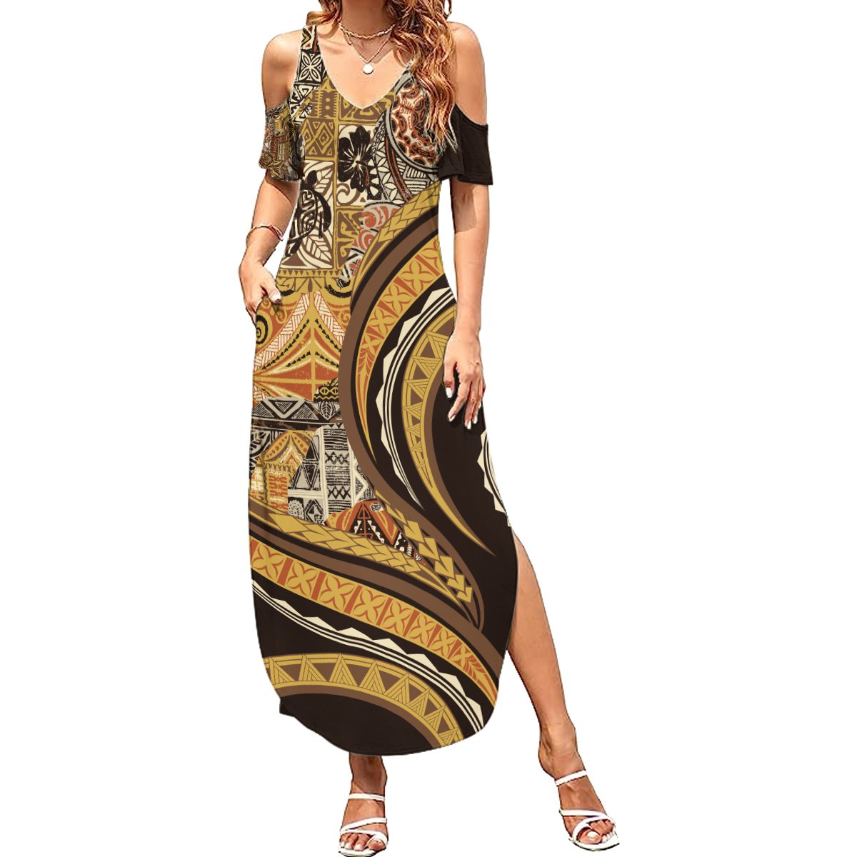 Hawaiian Hibiscus Tribal Vintage Motif Summer Maxi Dress Ver 4 LT9 Women Gold - Polynesian Pride