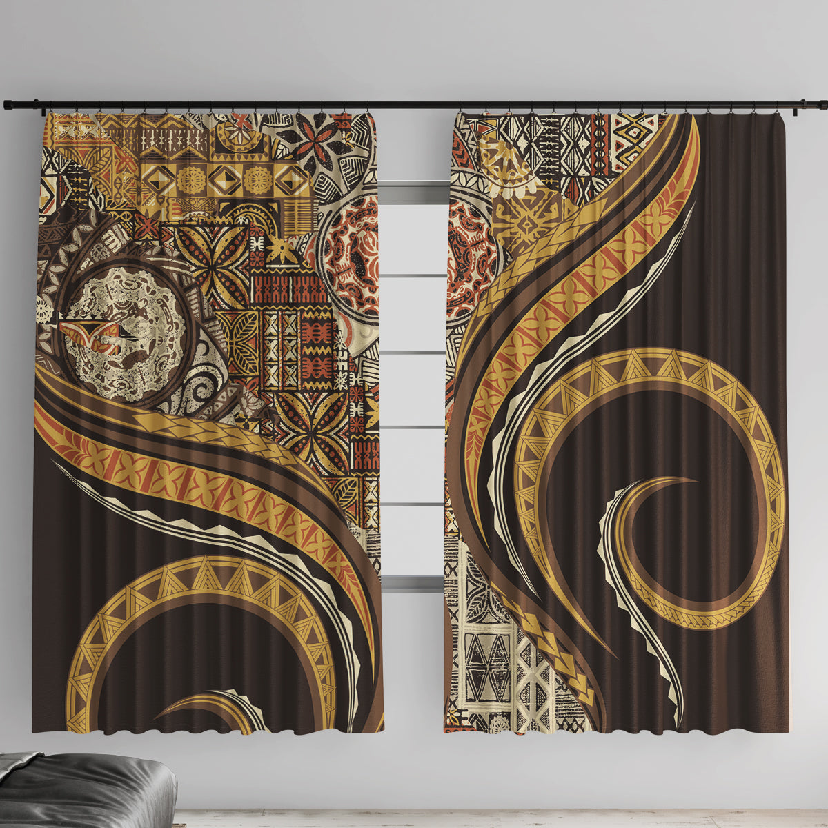 Hawaiian Hibiscus Tribal Vintage Motif Window Curtain Ver 4 LT9 With Hooks Gold - Polynesian Pride