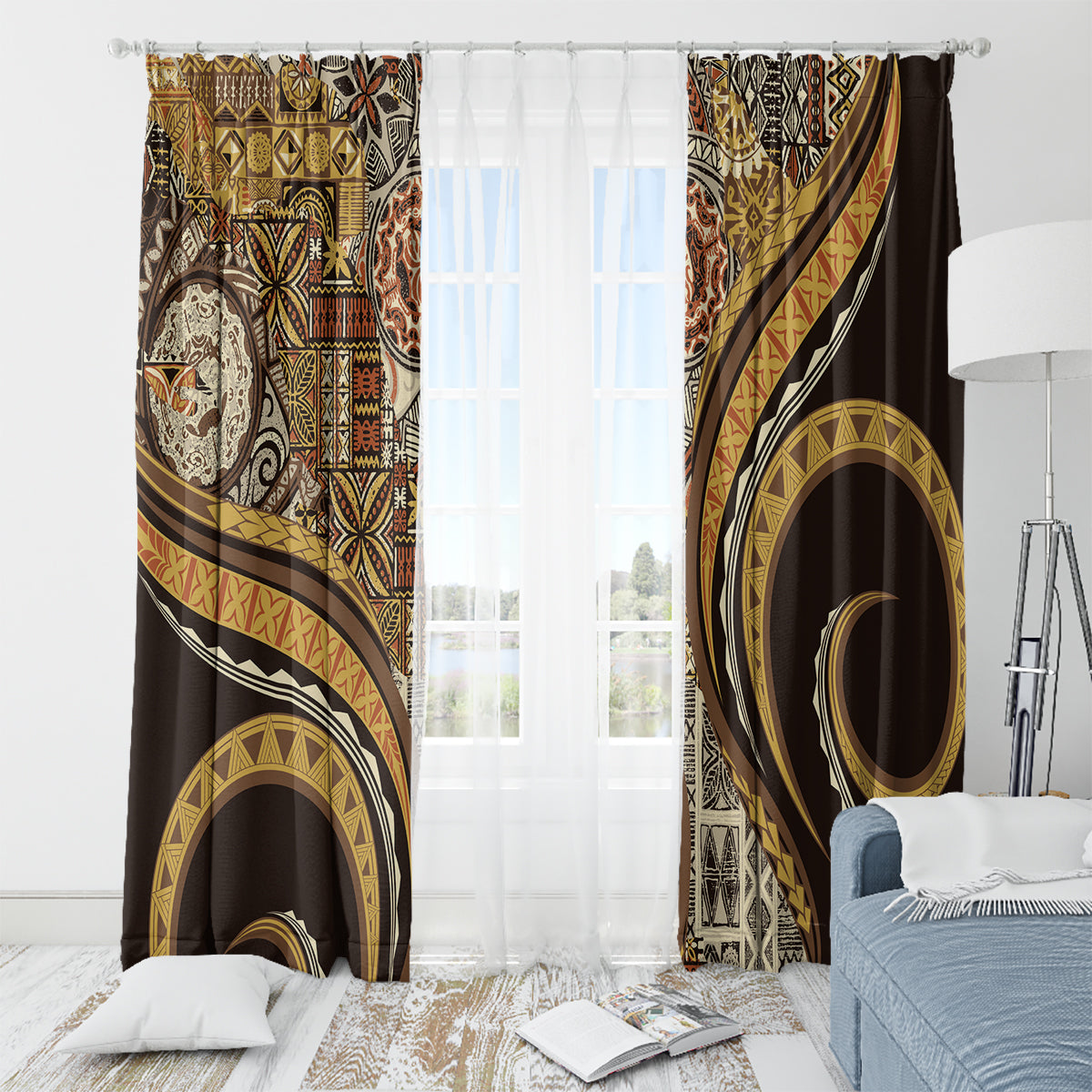 Hawaiian Hibiscus Tribal Vintage Motif Window Curtain Ver 4 LT9 - Polynesian Pride