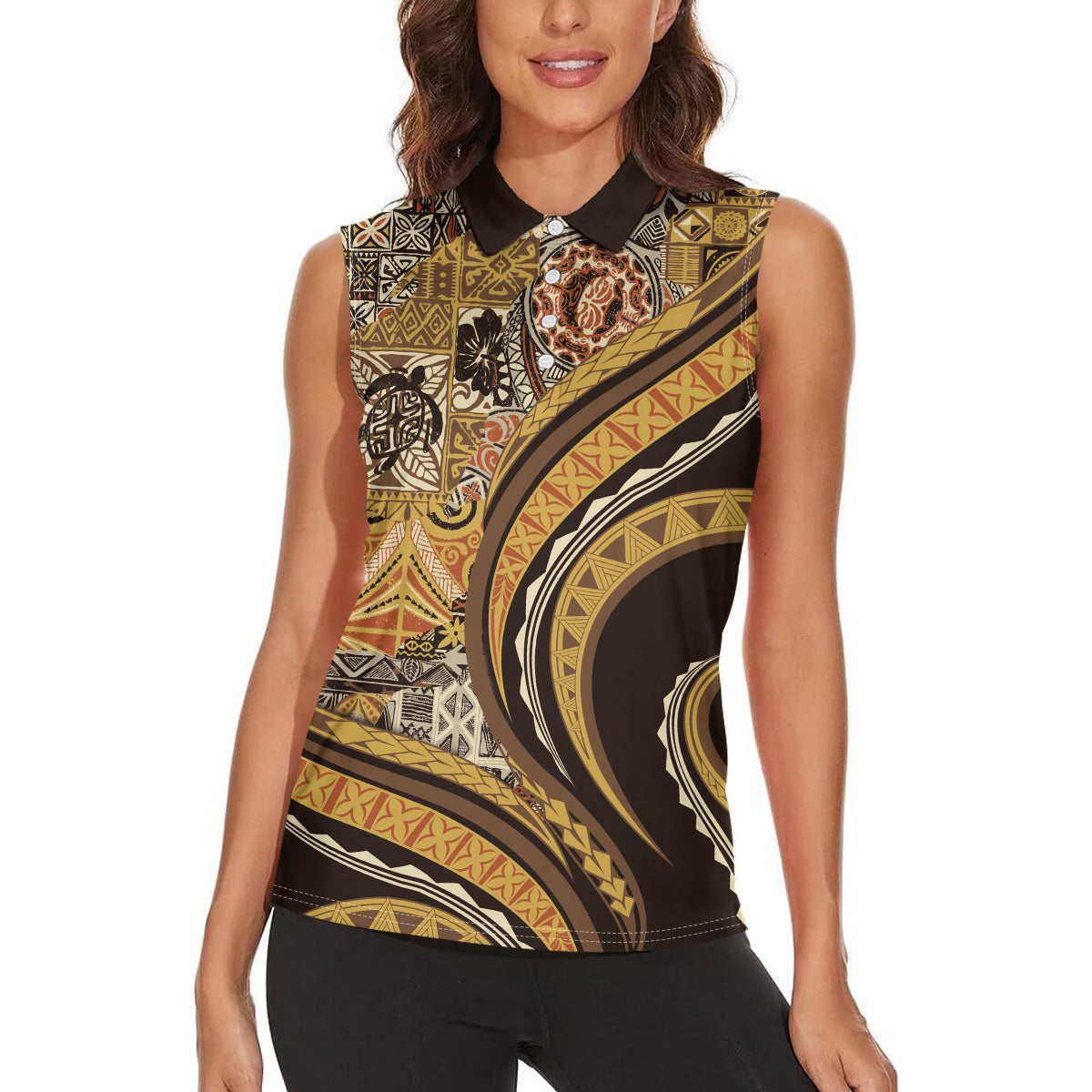 Hawaiian Hibiscus Tribal Vintage Motif Women Sleeveless Polo Shirt Ver 4