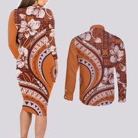 Hawaiian Hibiscus Tribal Vintage Motif Couples Matching Long Sleeve Bodycon Dress and Long Sleeve Button Shirt Ver 5