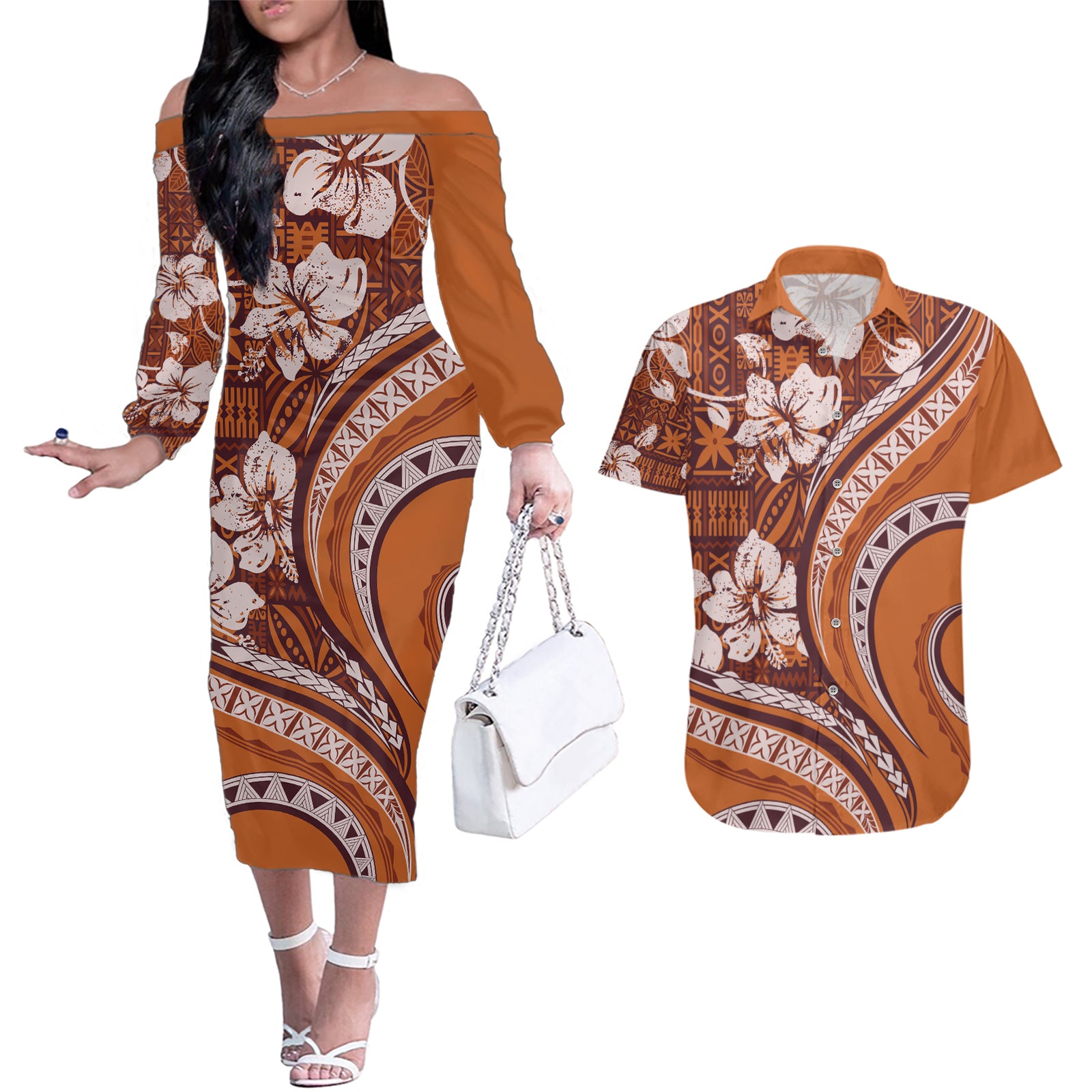 Hawaiian Hibiscus Tribal Vintage Motif Couples Matching Off The Shoulder Long Sleeve Dress and Hawaiian Shirt Ver 5 LT9 Gold - Polynesian Pride