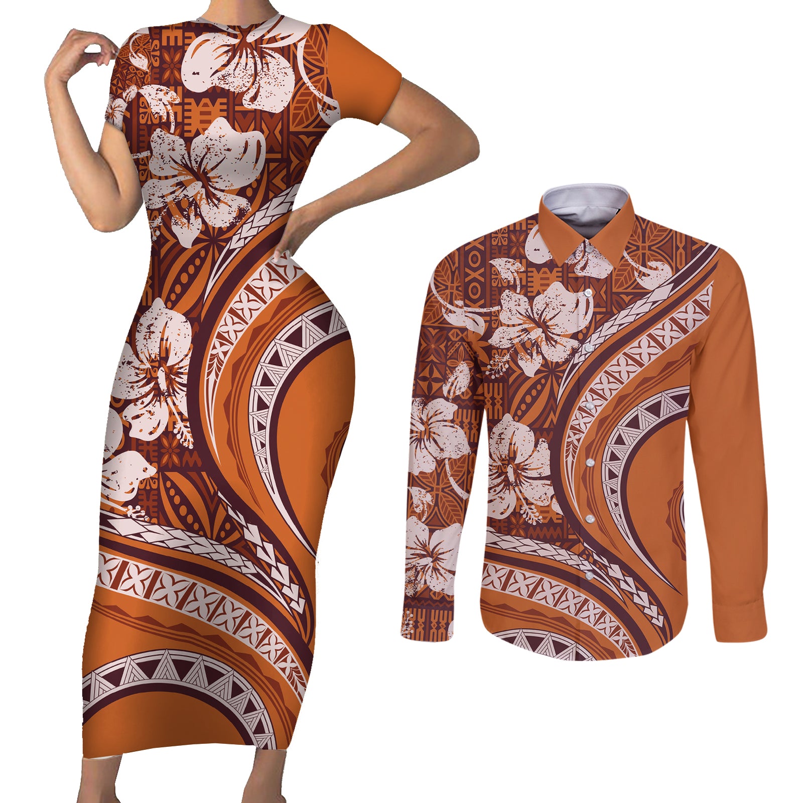 Hawaiian Hibiscus Tribal Vintage Motif Couples Matching Short Sleeve Bodycon Dress and Long Sleeve Button Shirt Ver 5 LT9 Gold - Polynesian Pride