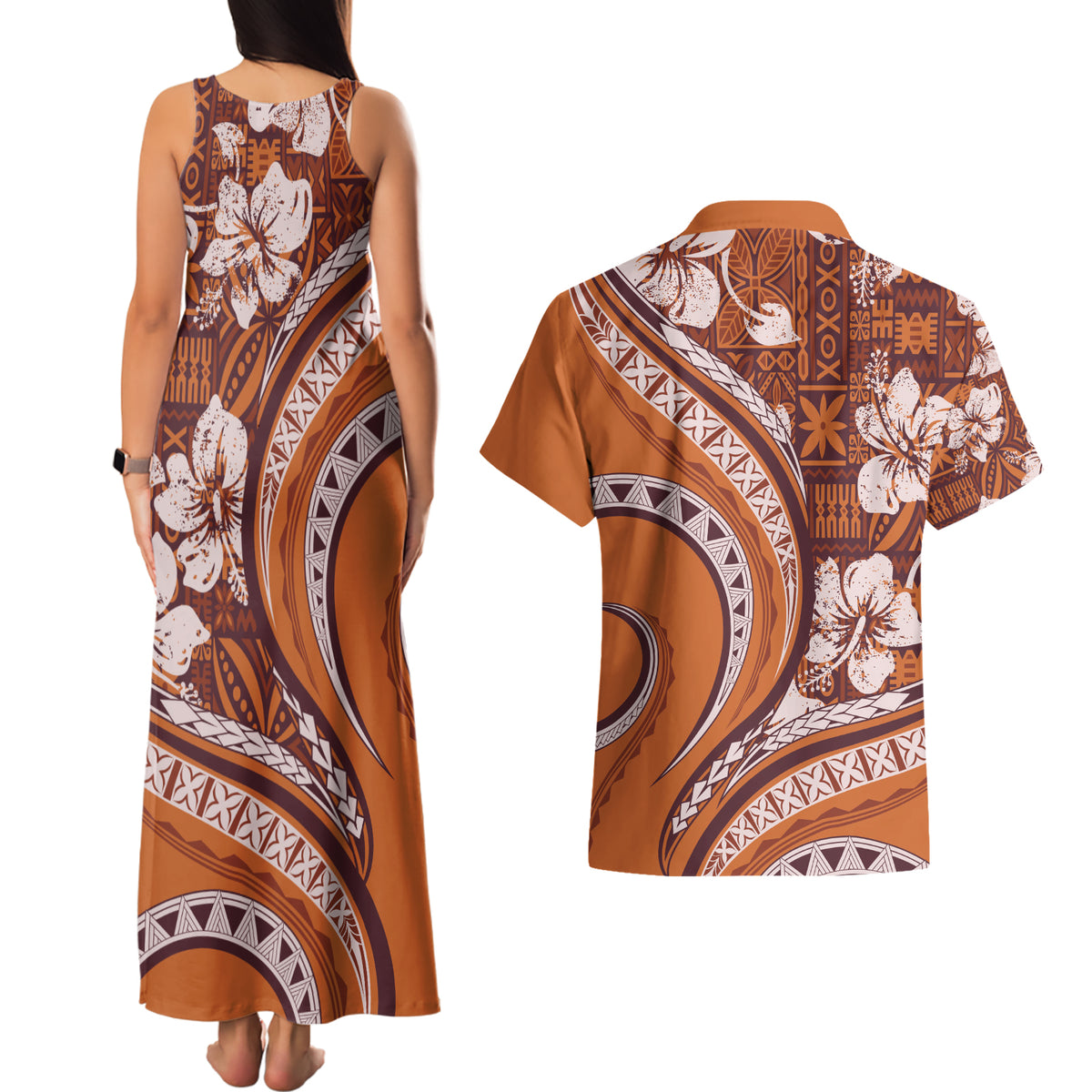 Hawaiian Hibiscus Tribal Vintage Motif Couples Matching Tank Maxi Dress and Hawaiian Shirt Ver 5
